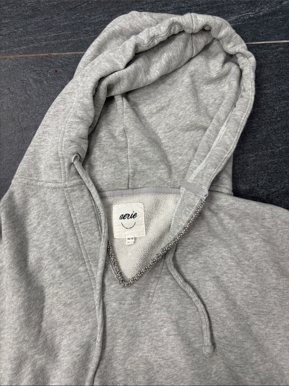 aerie Light Gray Jeweled neck croppe Hoodie